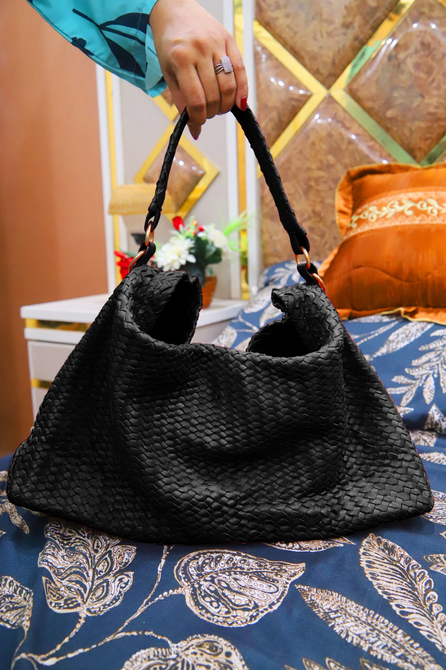 ISLAMABAD BAG Handwoven Genuine Leather Ladies Tote Bag, Women's Hobo Bag And Shoulder Bag-Black
