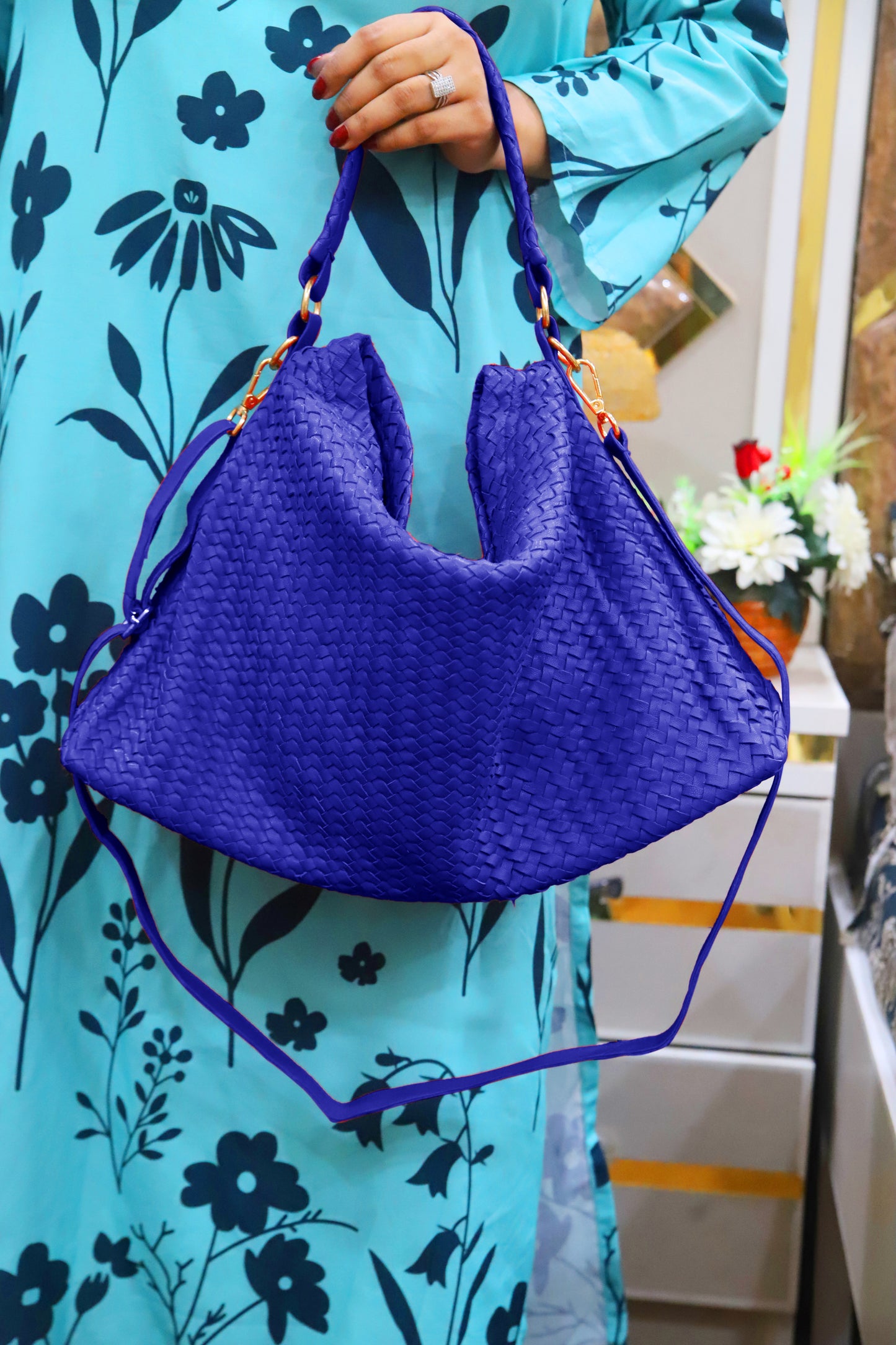 MULTAN BAG Handwoven Genuine Leather Ladies Tote Bag, Women's Hobo Bag And Shoulder Bag-Royal Blue