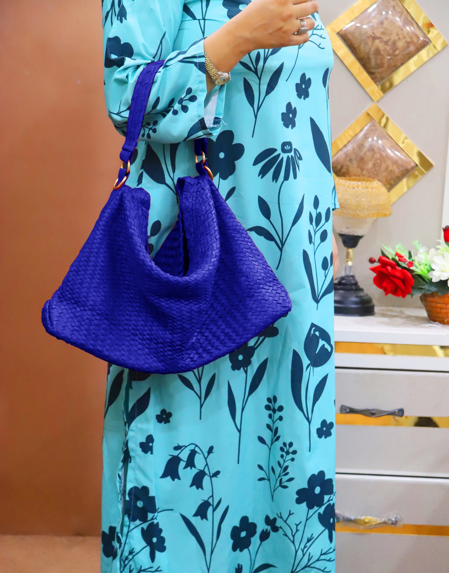 MULTAN BAG Handwoven Genuine Leather Ladies Tote Bag, Women's Hobo Bag And Shoulder Bag-Royal Blue