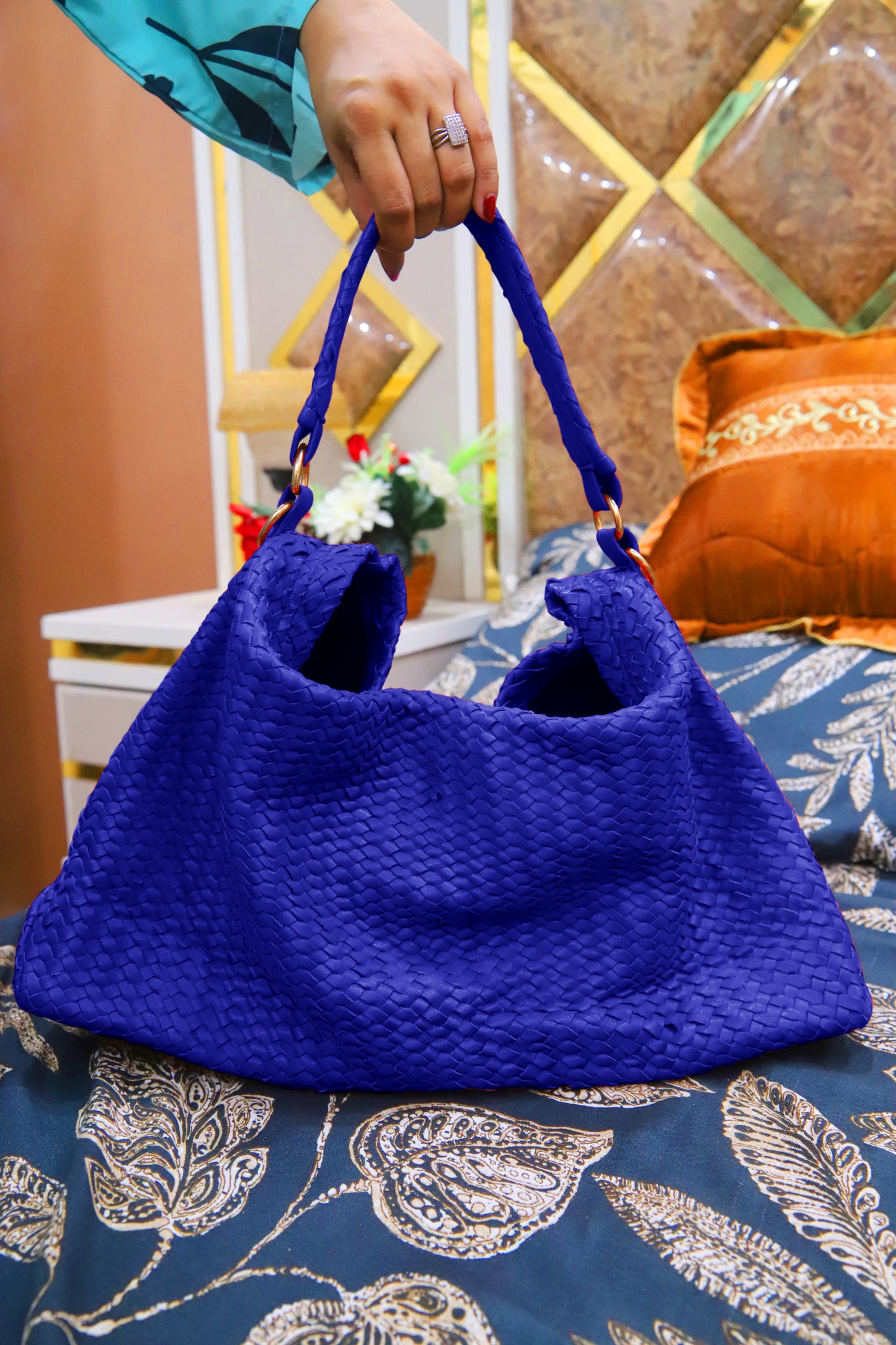MULTAN BAG Handwoven Genuine Leather Ladies Tote Bag, Women's Hobo Bag And Shoulder Bag-Royal Blue