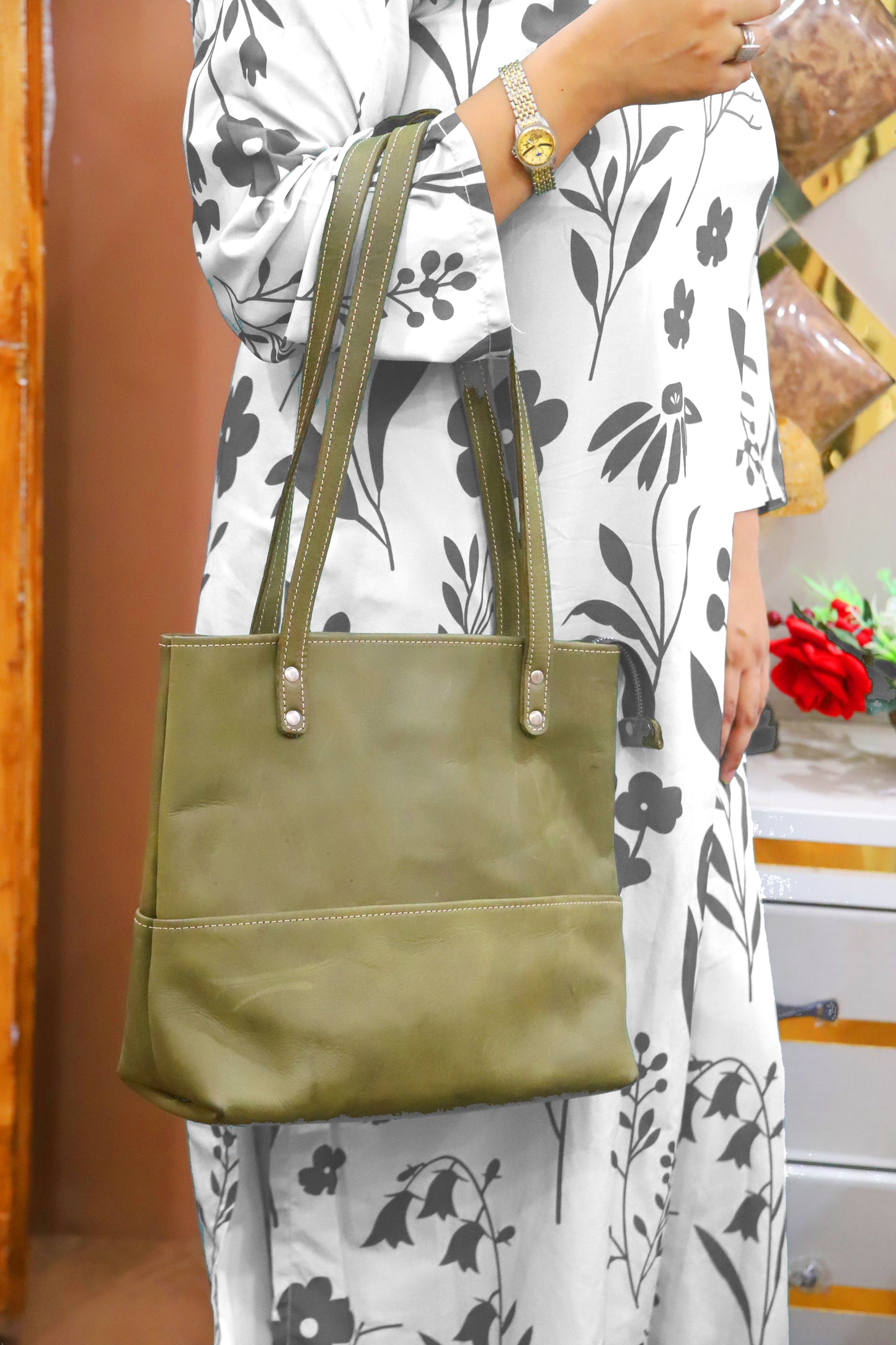 KARACHI BAG Women's Handmade Genuine Cow Leather Distressed Shoulder Bag, Ladies Tote Bag, Ladies Handbag-Olive Green