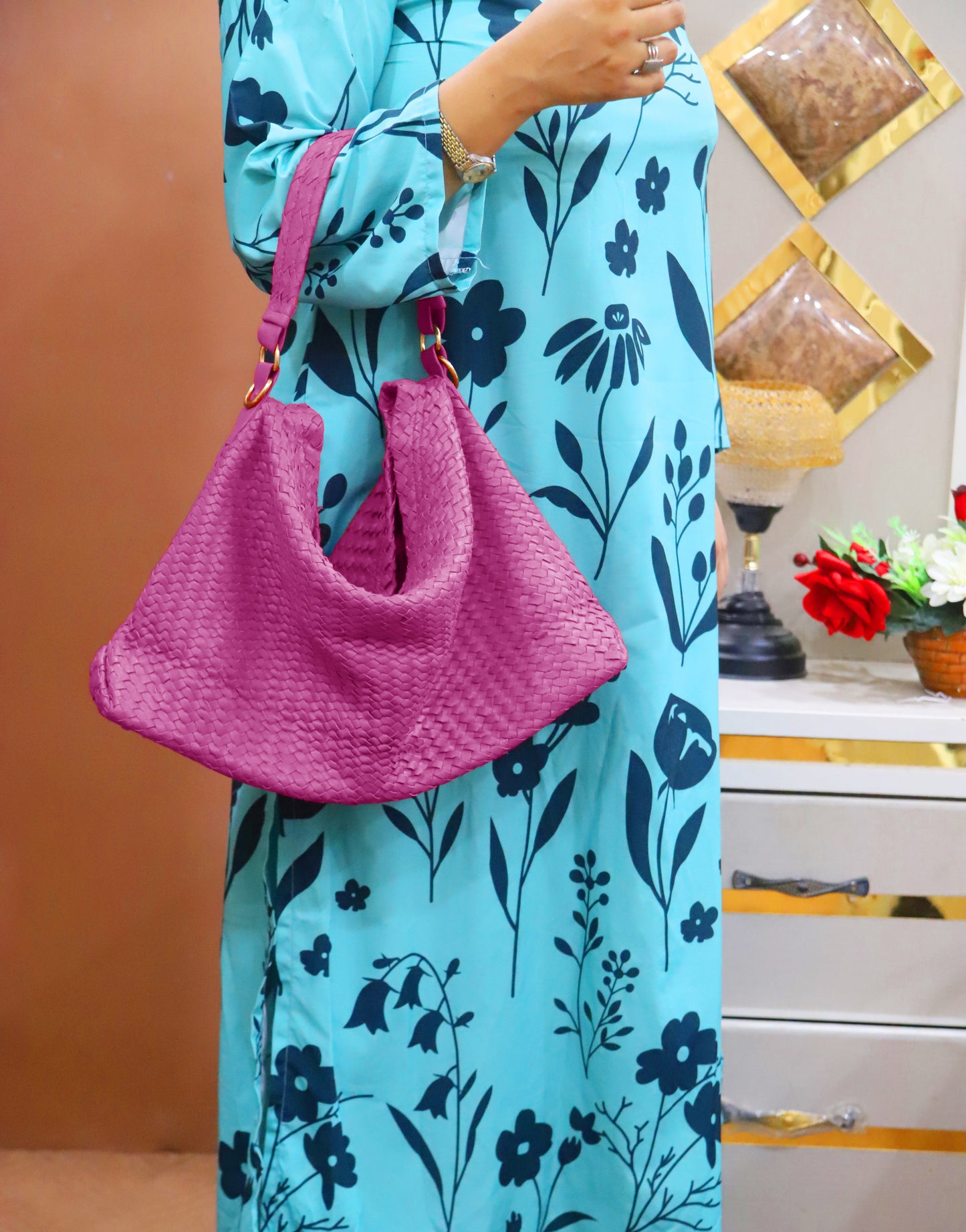 RAIWIND BAG Handwoven Genuine Leather Ladies Tote Bag, Women's Hobo Bag And Shoulder Bag-Pink