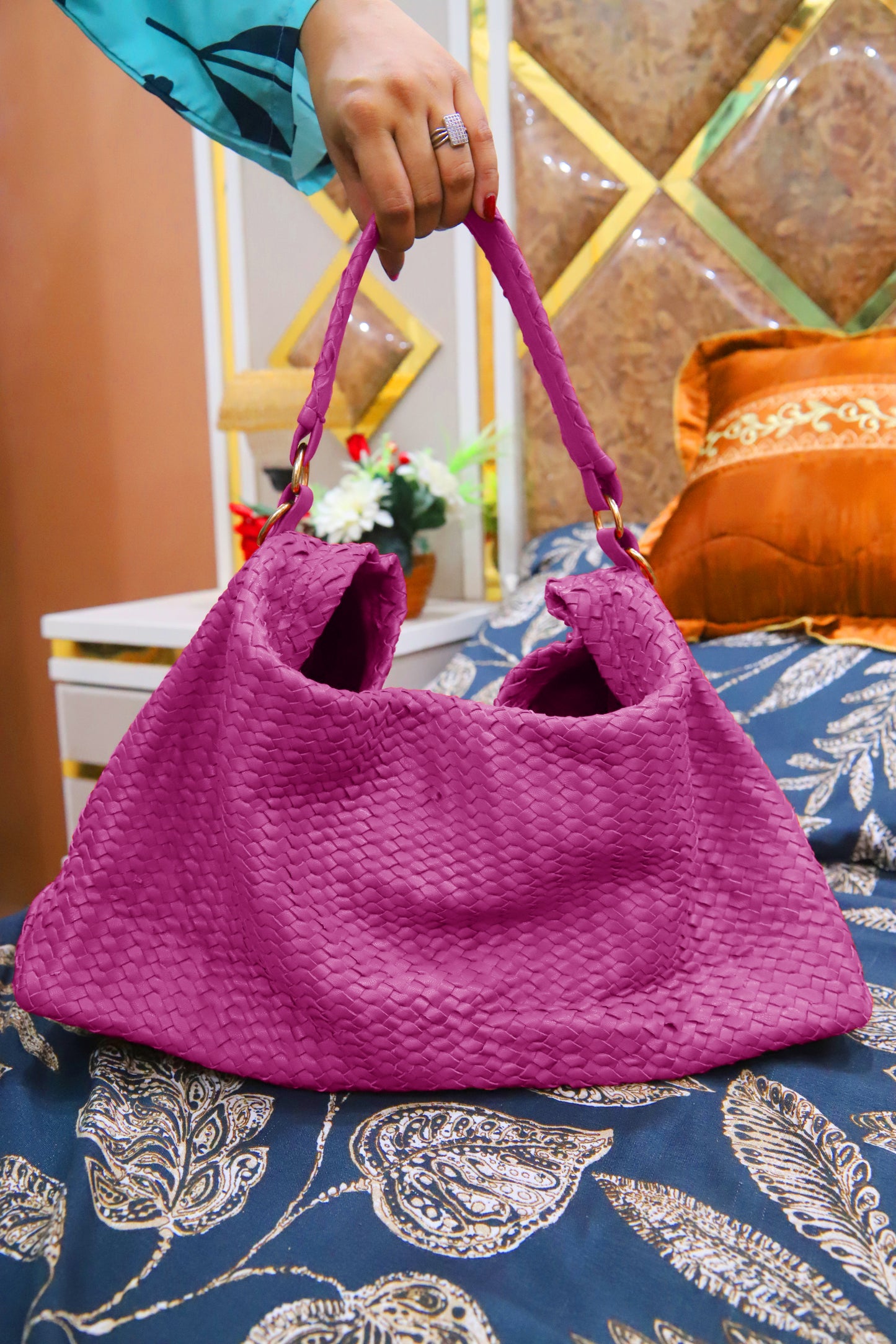 RAIWIND BAG Handwoven Genuine Leather Ladies Tote Bag, Women's Hobo Bag And Shoulder Bag-Pink