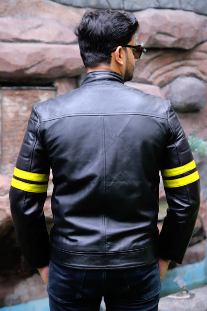 SARGODHA JACKET Men's Cafe Racer Leather Jacket With Yellow Bicep Stripes, Biker Leather Jacket For Men- Black/Yellow