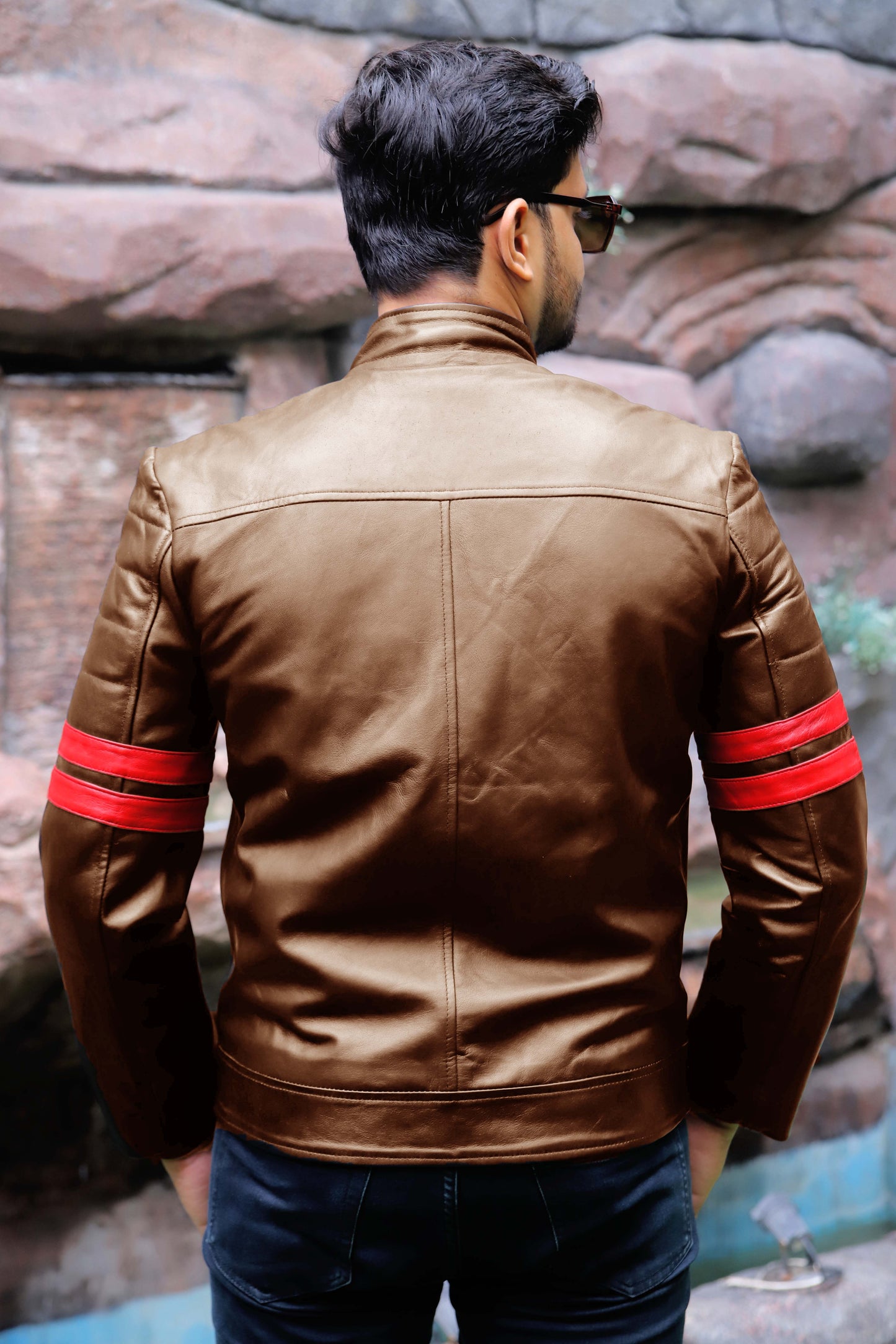 SARGODHA JACKET Men's Cafe Racer Leather Jacket With Red Bicep Stripes, Biker Leather Jacket For Men- Cognac/Red