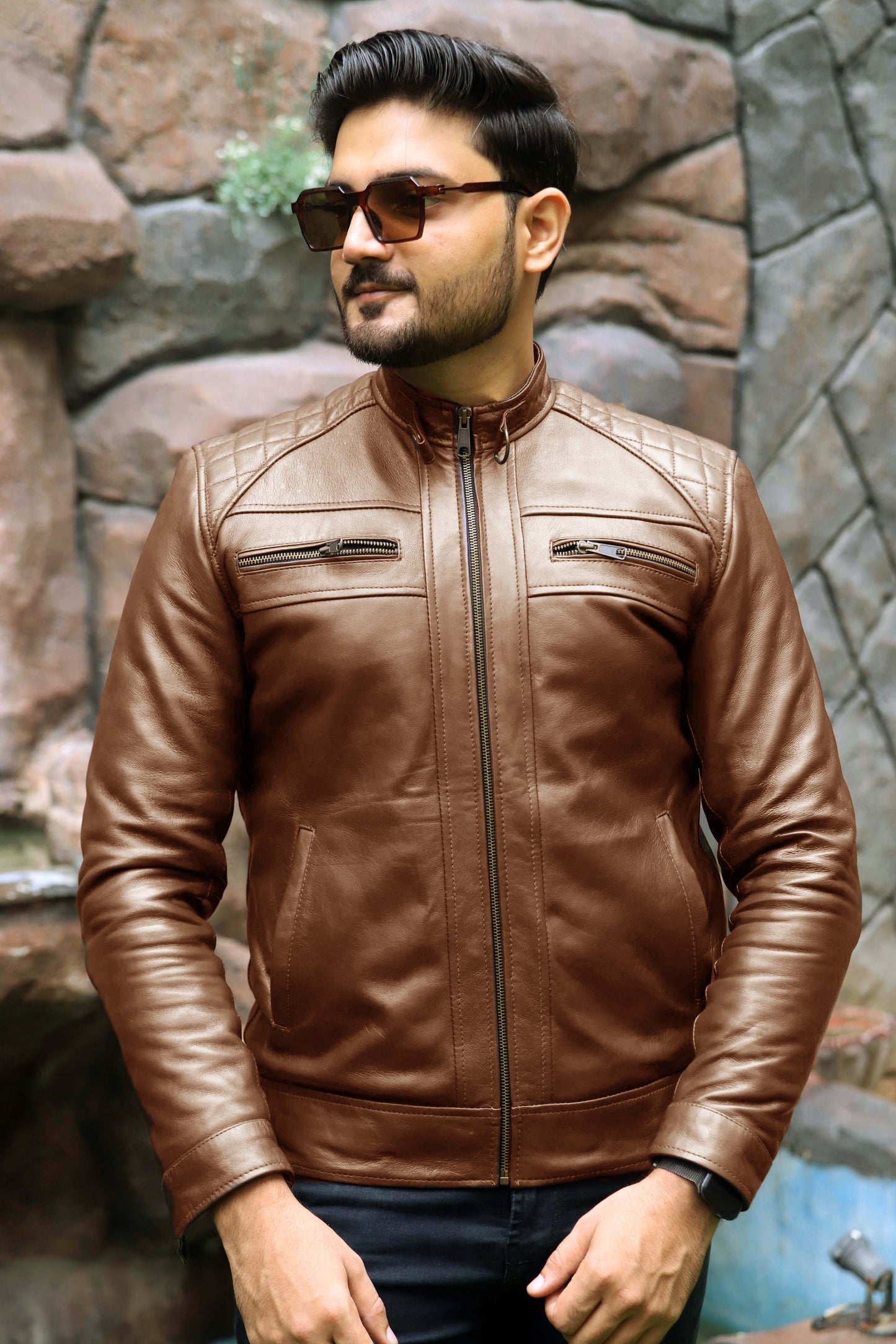 SAHIWAL JACKET Men's Leather Jacket For Men, Diamond Style Biker Jacket For Men-Cognac