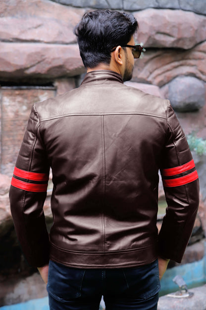 SARGODHA JACKET Men's Cafe Racer Leather Jacket With Red Bicep Stripes, Biker Leather Jacket For Men- Brown/Red