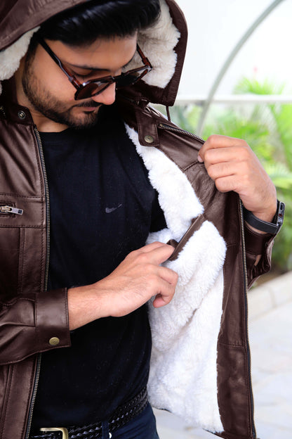 KOHAT JACKET Men's Leather Jacket With Fur Inner & (Removeable Hood), Biker Hooded Leather Jacket For Men- Brown