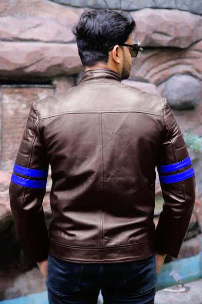SARGODHA JACKET Men's Cafe Racer Leather Jacket With Blue Bicep Stripes, Biker Leather Jacket For Men- Brown/Blue