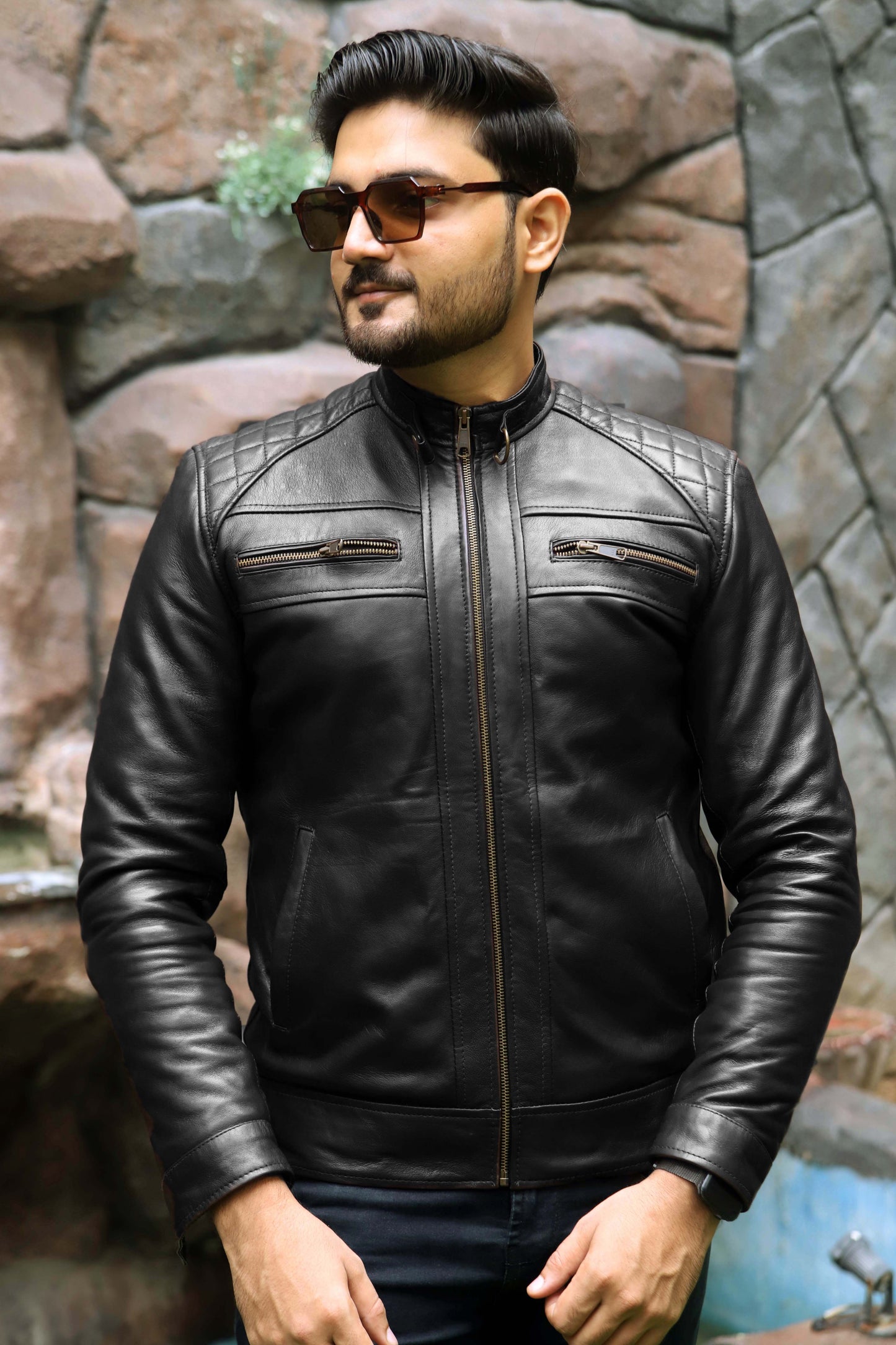 SAHIWAL JACKET Men's Leather Jacket For Men, Diamond Style Biker Jacket For Men-Jet Black