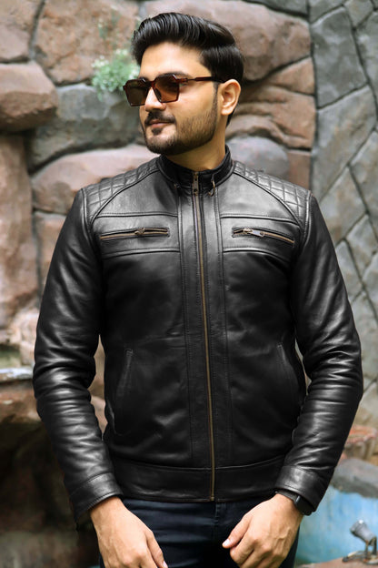 SAHIWAL JACKET Men's Leather Jacket For Men, Diamond Style Biker Jacket For Men-Jet Black