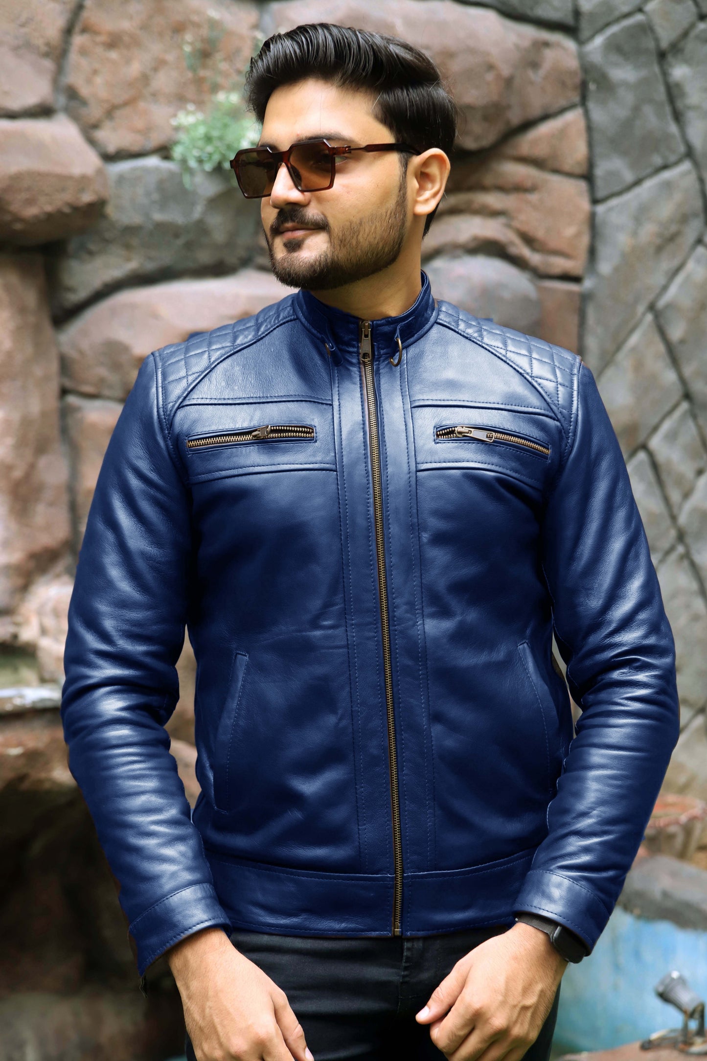 SAHIWAL JACKET Men's Leather Jacket For Men, Diamond Style Biker Jacket For Men-Blue
