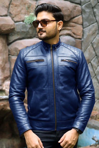 SAHIWAL JACKET Men's Leather Jacket For Men, Diamond Style Biker Jacket For Men-Blue