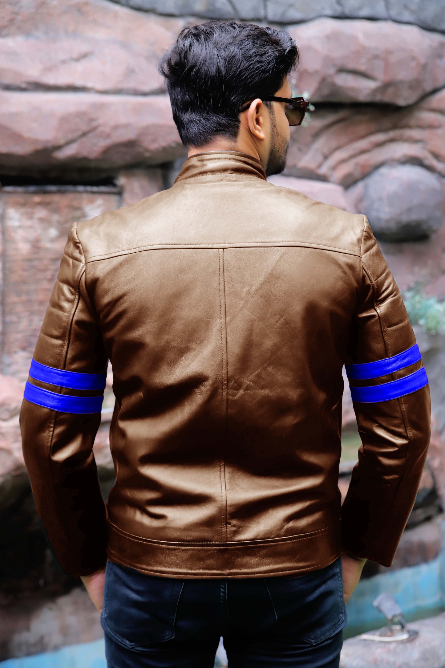 SARGODHA JACKET Men's Cafe Racer Leather Jacket With Blue Bicep Stripes, Biker Leather Jacket For Men- Cognac/Blue