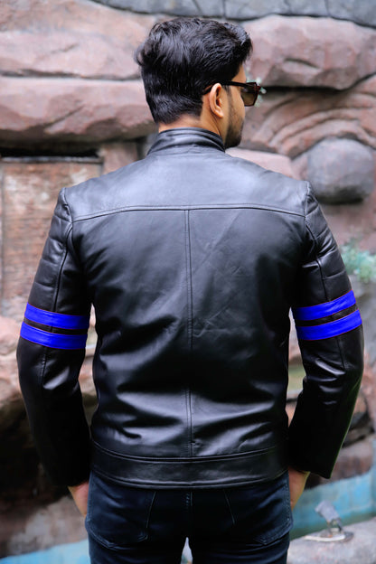 SARGODHA JACKET Men's Cafe Racer Leather Jacket With Blue Bicep Stripes, Biker Leather Jacket For Men- Black/Blue