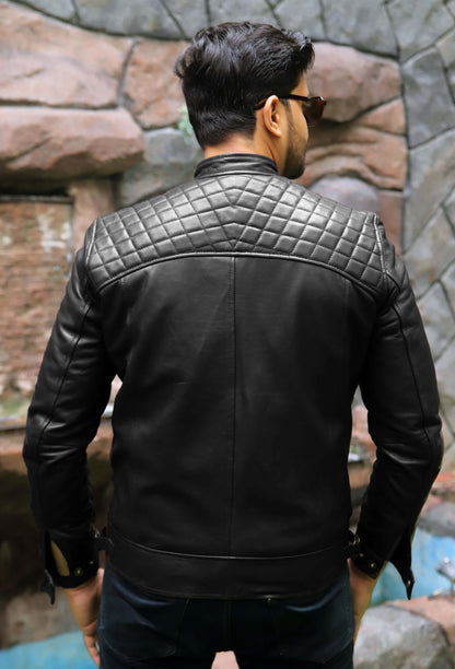 SAHIWAL JACKET Men's Leather Jacket For Men, Diamond Style Biker Jacket For Men-Jet Black