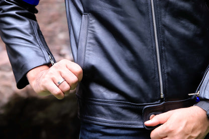 SARGODHA JACKET Men's Cafe Racer Leather Jacket With Blue Bicep Stripes, Biker Leather Jacket For Men- Black/Blue