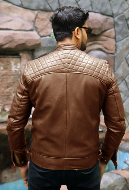 SAHIWAL JACKET Men's Leather Jacket For Men, Diamond Style Biker Jacket For Men-Cognac