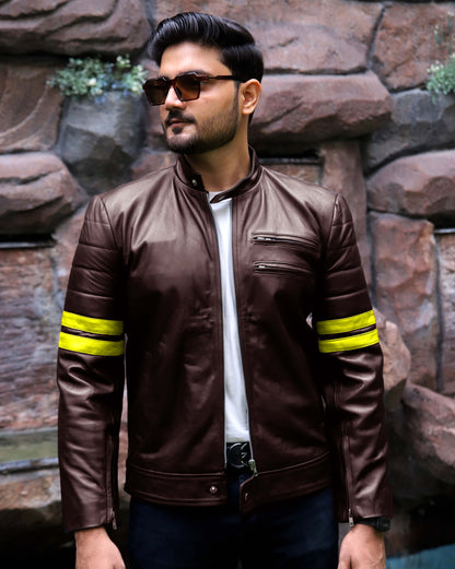 SARGODHA JACKET Men's Cafe Racer Leather Jacket With Yellow Bicep Stripes, Biker Leather Jacket For Men- Brown/Yellow