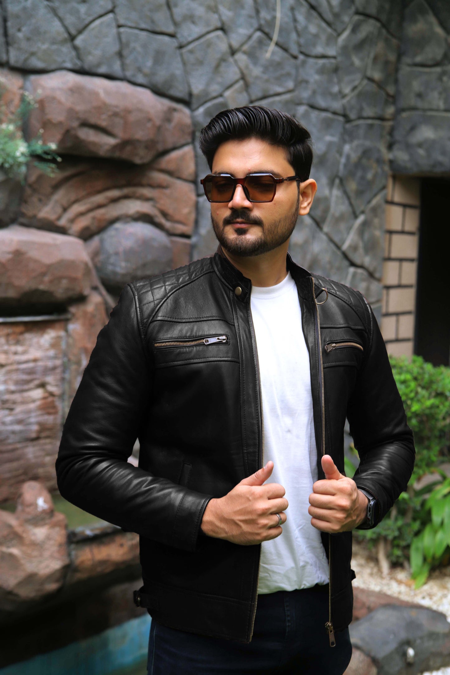 SAHIWAL JACKET Men's Leather Jacket For Men, Diamond Style Biker Jacket For Men-Jet Black