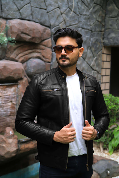 SAHIWAL JACKET Men's Leather Jacket For Men, Diamond Style Biker Jacket For Men-Jet Black