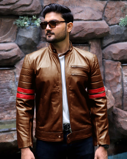 SARGODHA JACKET Men's Cafe Racer Leather Jacket With Red Bicep Stripes, Biker Leather Jacket For Men- Cognac/Red
