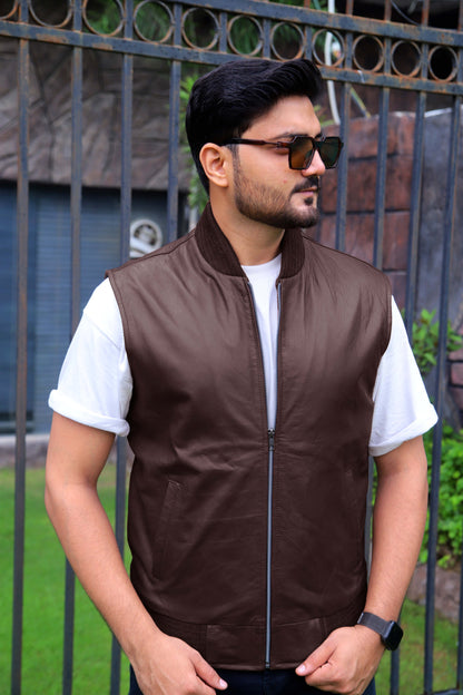 MINGORA JACKET Men's Leather Vest, Formal Leather Vest, Biker Leather Vest, Casual Leather Vest For Men-Brown