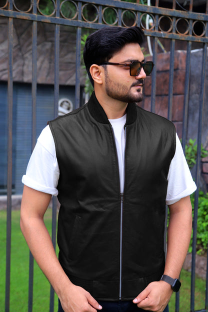 MINGORA JACKET Men's Leather Vest, Formal Leather Vest, Biker Leather Vest, Casual Leather Vest For Men-Black