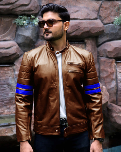SARGODHA JACKET Men's Cafe Racer Leather Jacket With Blue Bicep Stripes, Biker Leather Jacket For Men- Cognac/Blue