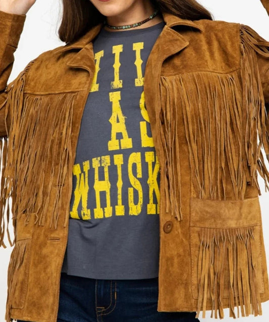 KHAIRPUR JACKET Suede Leather Fringe Jacket For Women- Tan