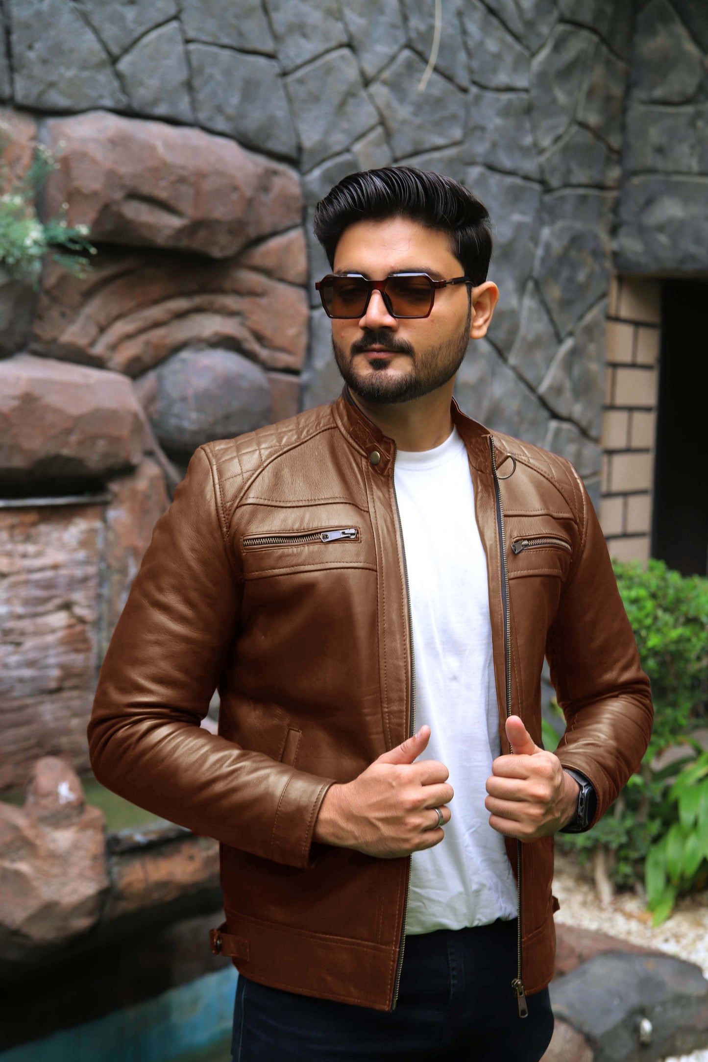 SAHIWAL JACKET Men's Leather Jacket For Men, Diamond Style Biker Jacket For Men-Cognac