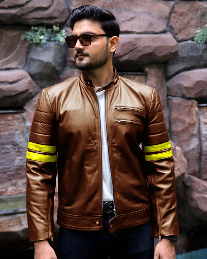SARGODHA JACKET Men's Cafe Racer Leather Jacket With Yellow Bicep Stripes, Biker Leather Jacket For Men- Cognac/Yellow