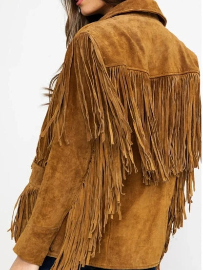 KHAIRPUR JACKET Suede Leather Fringe Jacket For Women- Tan