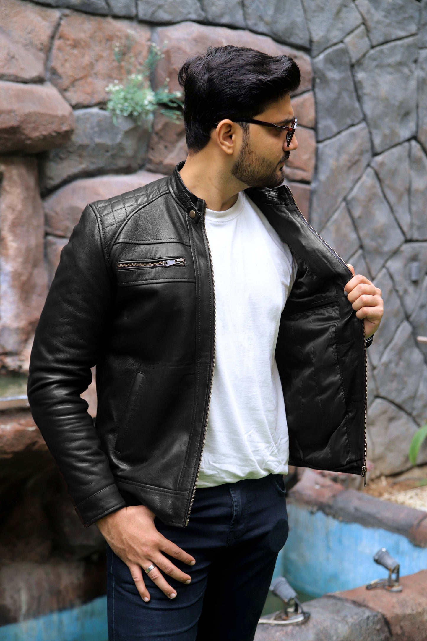 SAHIWAL JACKET Men's Leather Jacket For Men, Diamond Style Biker Jacket For Men-Jet Black