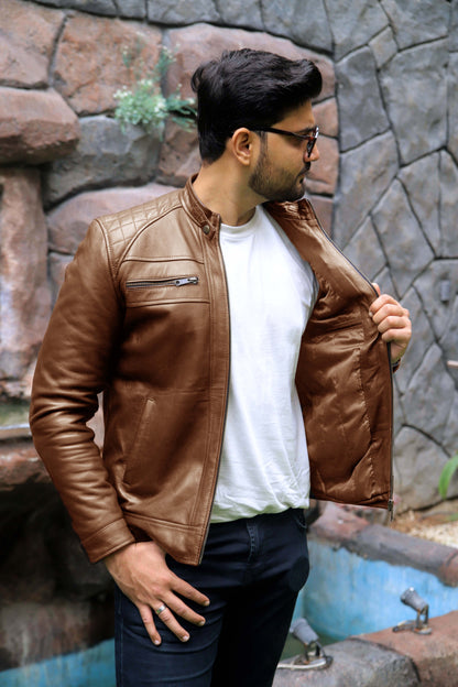 SAHIWAL JACKET Men's Leather Jacket For Men, Diamond Style Biker Jacket For Men-Cognac