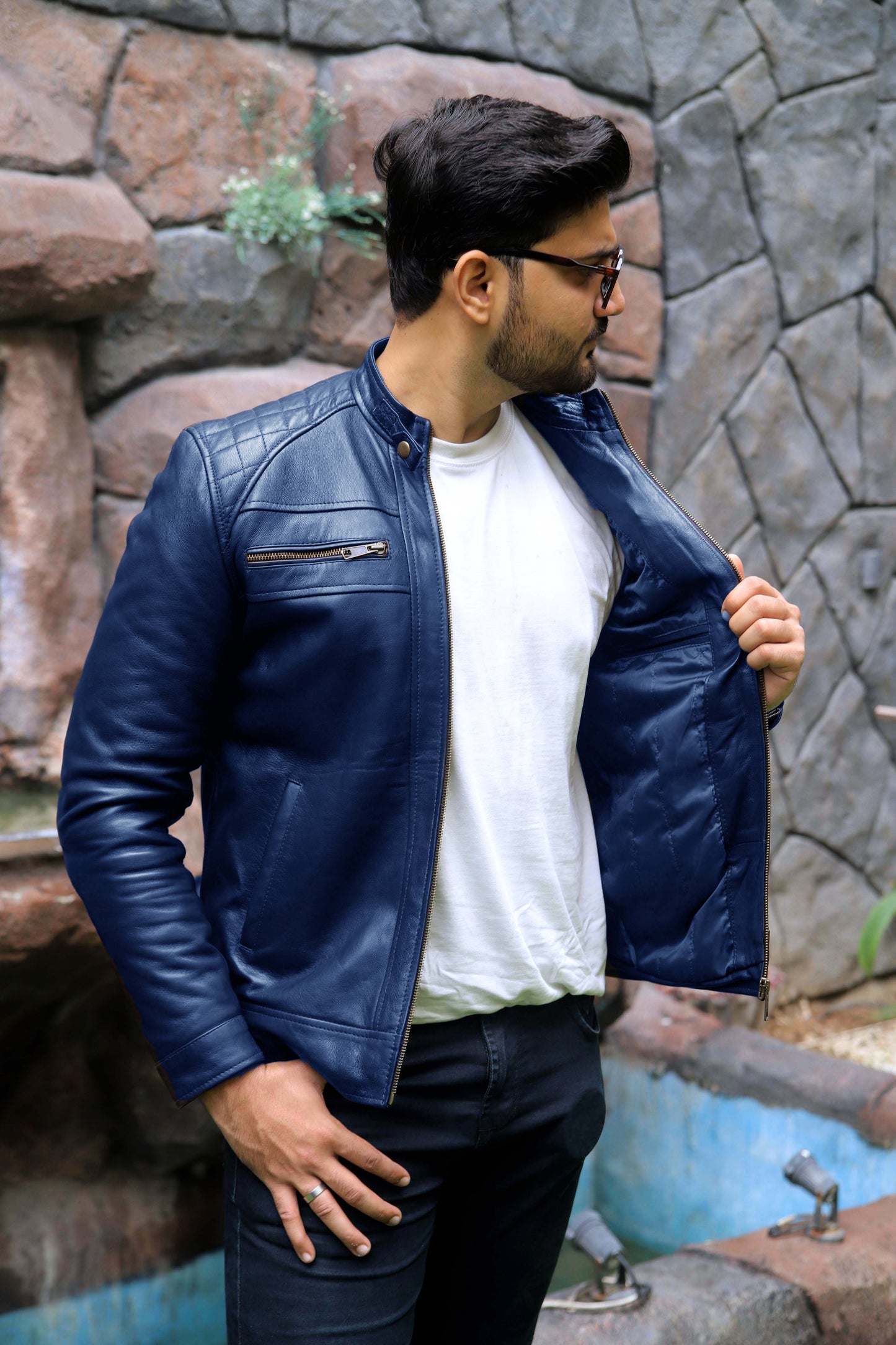 SAHIWAL JACKET Men's Leather Jacket For Men, Diamond Style Biker Jacket For Men-Blue