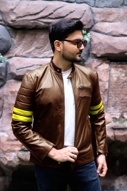 SARGODHA JACKET Men's Cafe Racer Leather Jacket With Yellow Bicep Stripes, Biker Leather Jacket For Men- Cognac/Yellow