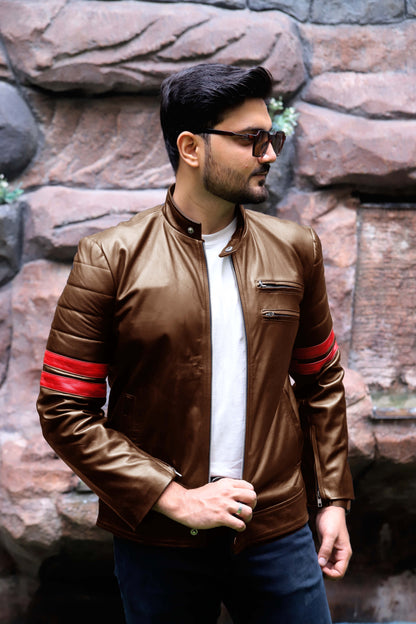 SARGODHA JACKET Men's Cafe Racer Leather Jacket With Red Bicep Stripes, Biker Leather Jacket For Men- Cognac/Red