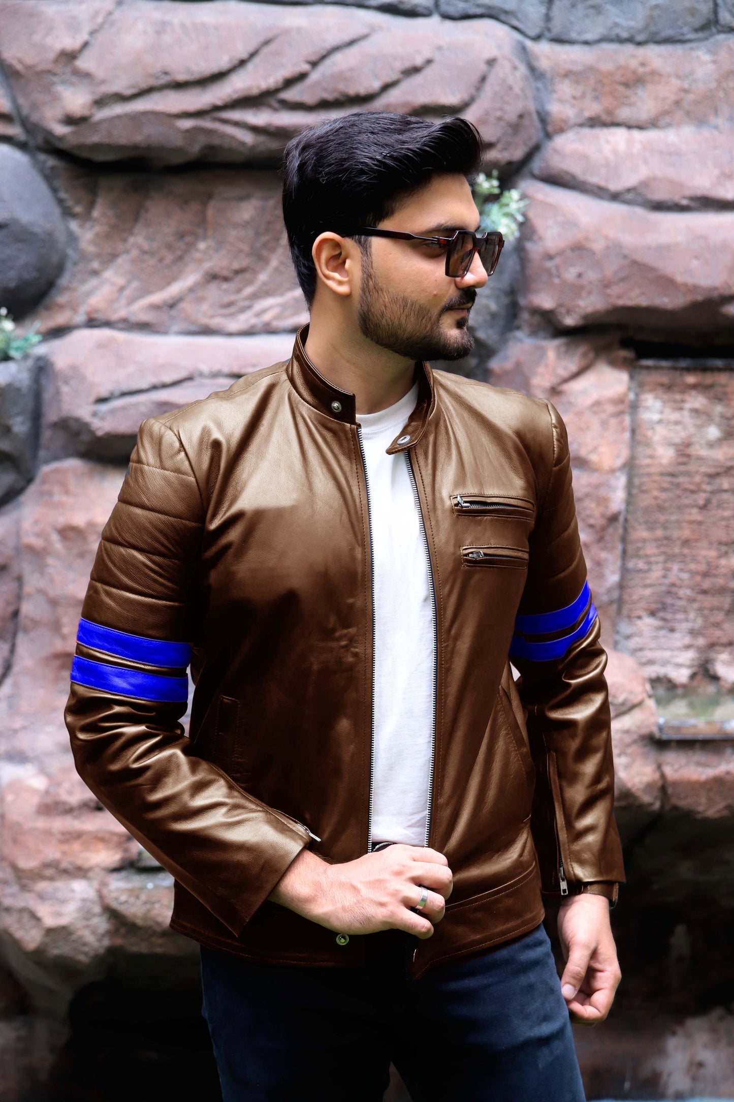 SARGODHA JACKET Men's Cafe Racer Leather Jacket With Blue Bicep Stripes, Biker Leather Jacket For Men- Cognac/Blue