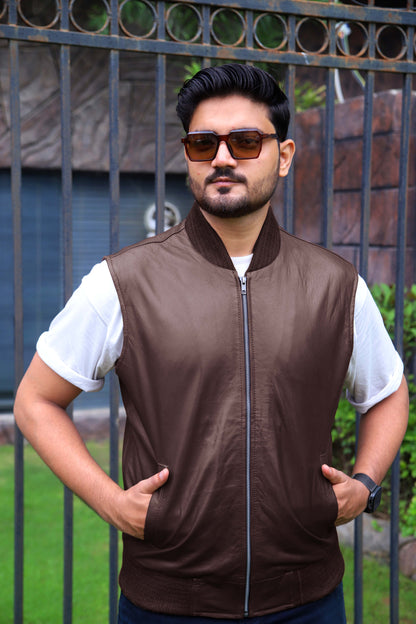 MINGORA JACKET Men's Leather Vest, Formal Leather Vest, Biker Leather Vest, Casual Leather Vest For Men-Brown