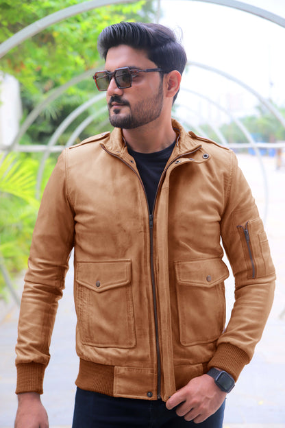 JHELUM JACKET Men's A2 Aviator Bomber Leather Jacket For, Men's Leather Jacket- Cognac