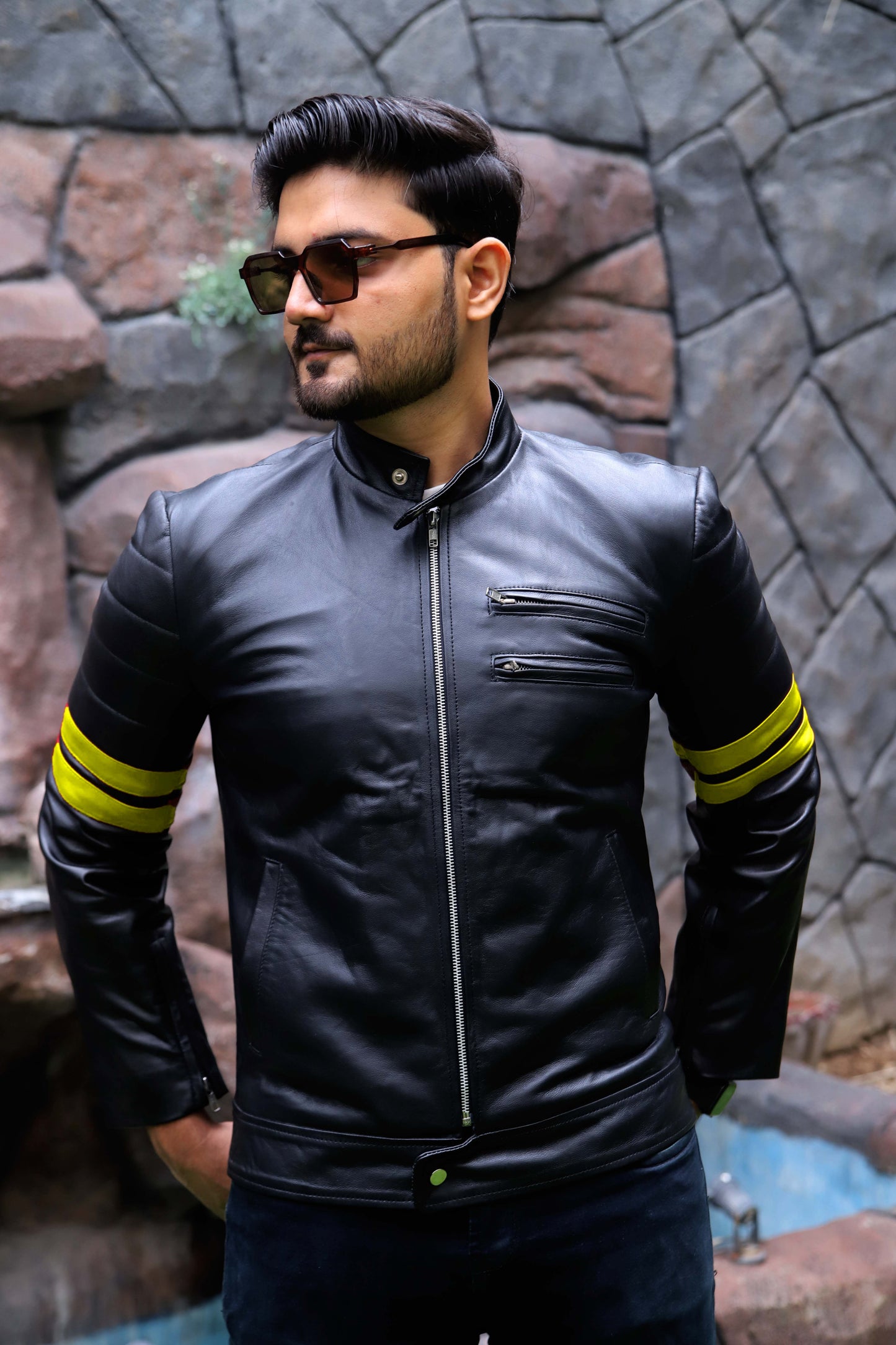SARGODHA JACKET Men's Cafe Racer Leather Jacket With Yellow Bicep Stripes, Biker Leather Jacket For Men- Black/Yellow