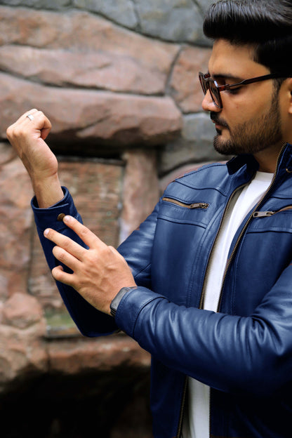 SAHIWAL JACKET Men's Leather Jacket For Men, Diamond Style Biker Jacket For Men-Blue