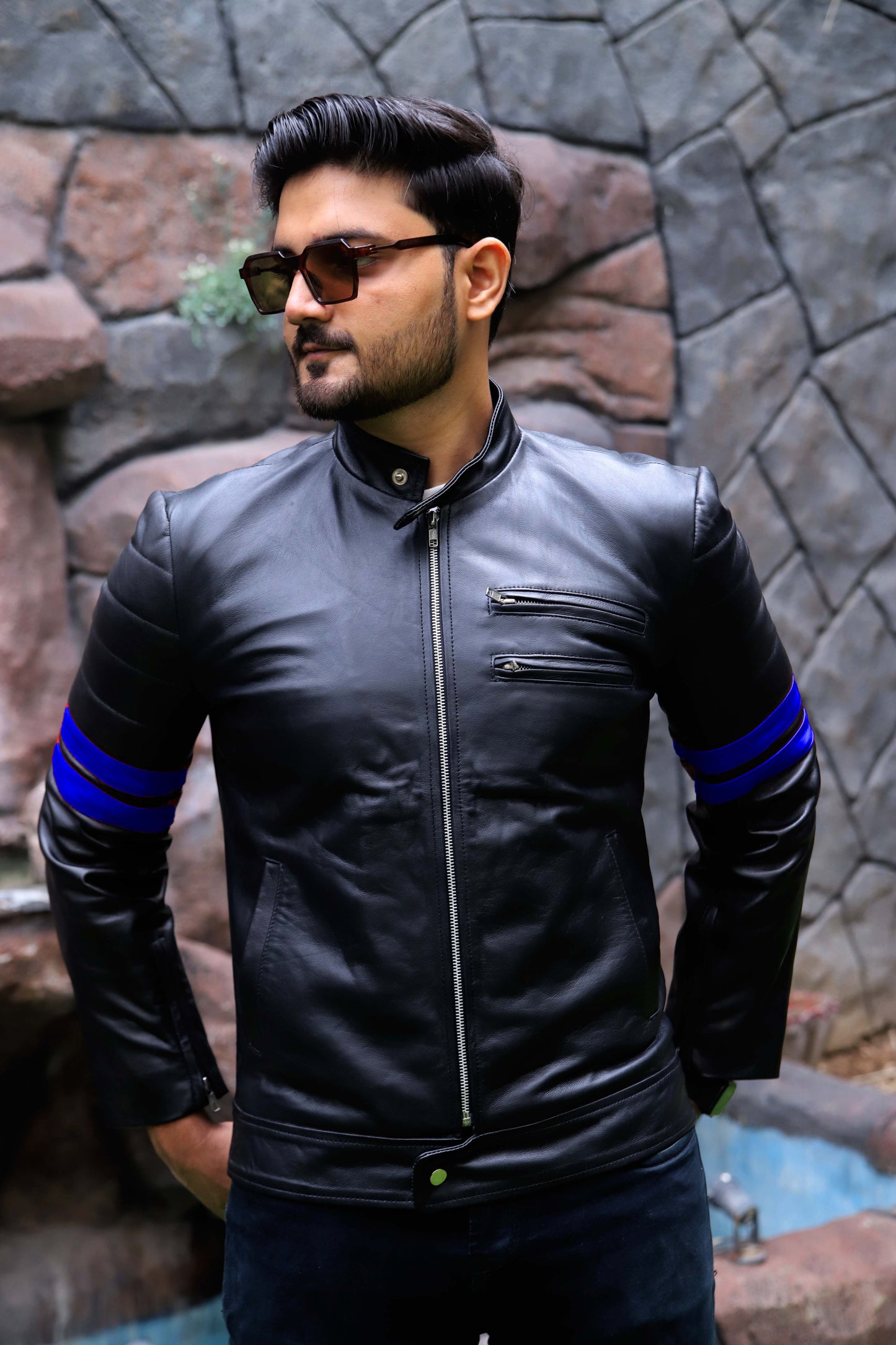 SARGODHA JACKET Men's Cafe Racer Leather Jacket With Blue Bicep Stripes, Biker Leather Jacket For Men- Black/Blue