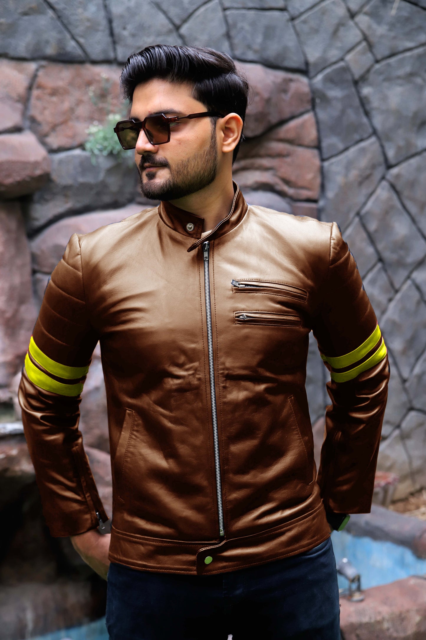 SARGODHA JACKET Men's Cafe Racer Leather Jacket With Yellow Bicep Stripes, Biker Leather Jacket For Men- Cognac/Yellow