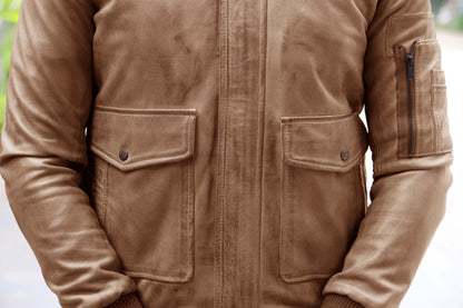 JHELUM JACKET Men's A2 Aviator Bomber Leather Jacket For, Men's Leather Jacket- Khaki