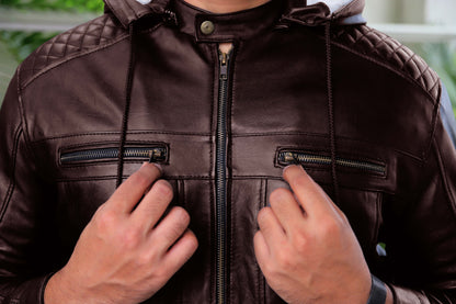 KOHAT JACKET Men's Leather Jacket With Fur Inner & (Removeable Hood), Biker Hooded Leather Jacket For Men- Brown