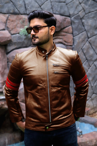 SARGODHA JACKET Men's Cafe Racer Leather Jacket With Red Bicep Stripes, Biker Leather Jacket For Men- Cognac/Red
