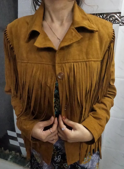 KHAIRPUR JACKET Suede Leather Fringe Jacket For Women- Tan