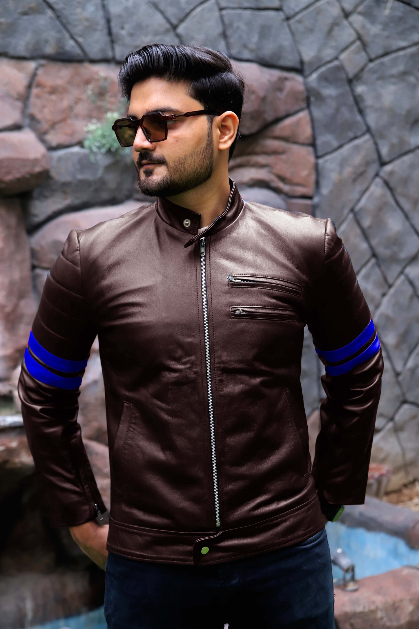 SARGODHA JACKET Men's Cafe Racer Leather Jacket With Blue Bicep Stripes, Biker Leather Jacket For Men- Brown/Blue